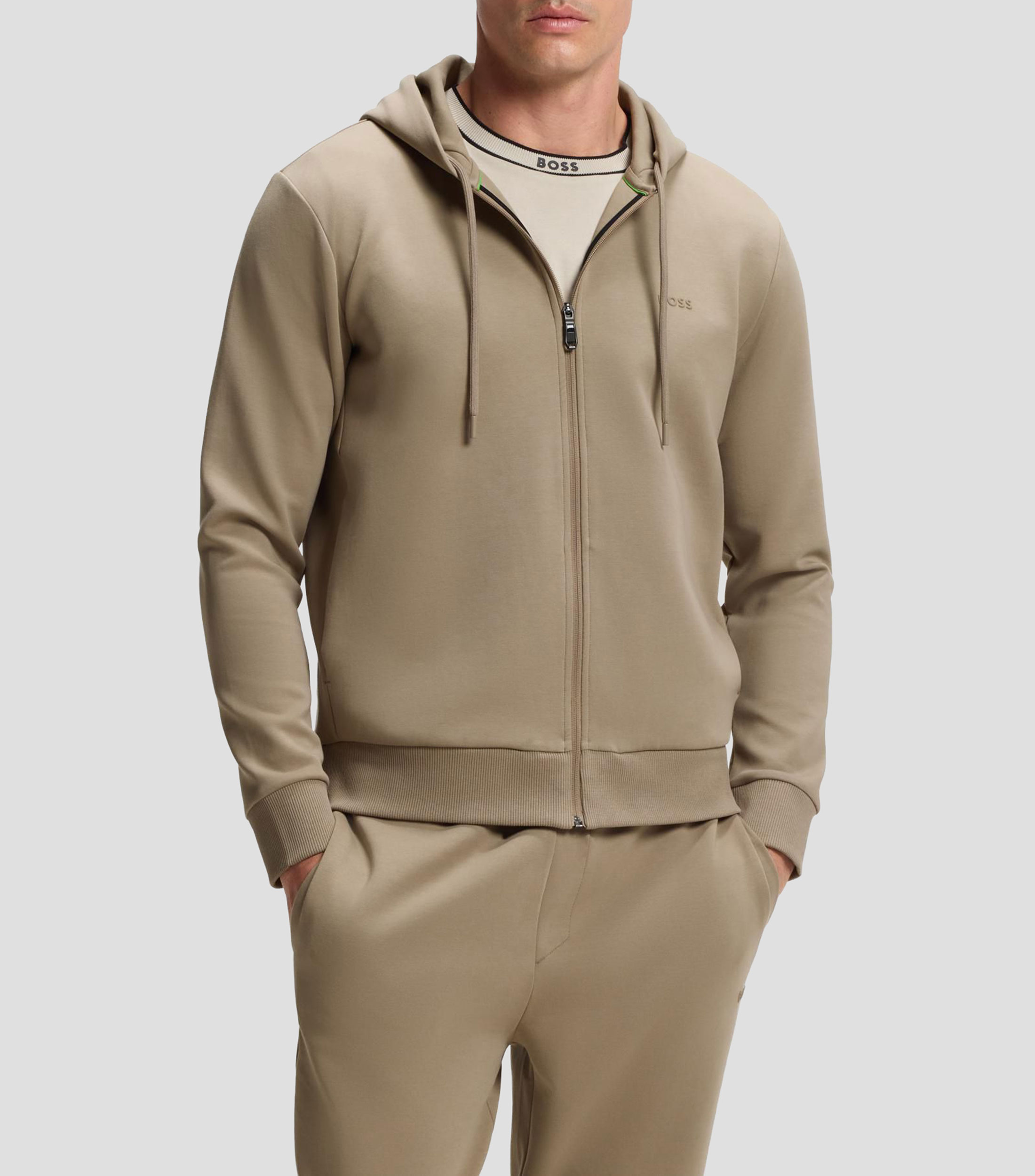 Sudadera con capucha y cremallera en algodón elástico con detalle de logo Hombre